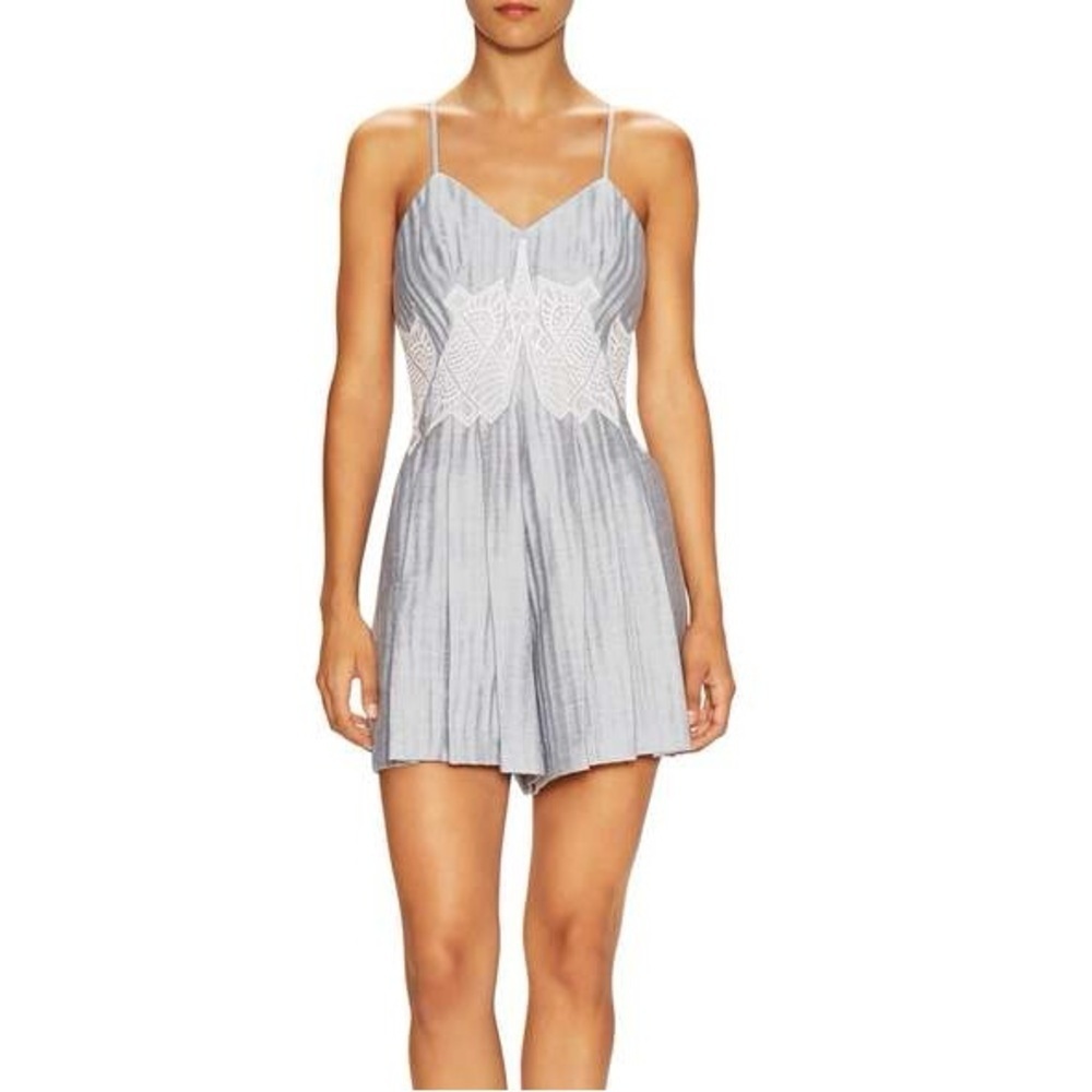JONATHAN SIMKHAI pleated lattice linen romper in slate gray silk lining size 0